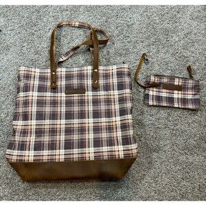 Farmhouse Is My Style Tote Bag Wallet Brown Plaid Mountain Cottage Leather Trim